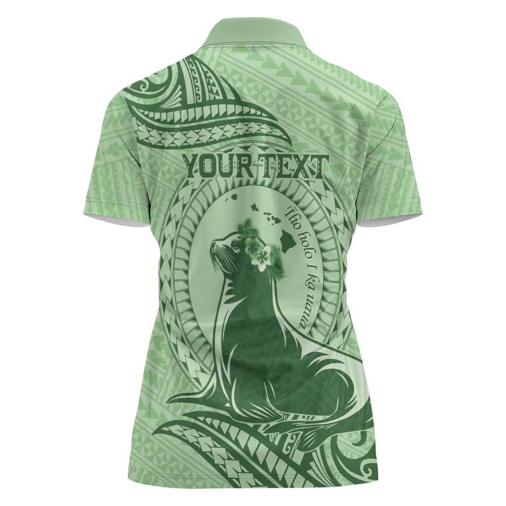 Personalised Hawaii Monk Seal Women Polo Shirt Polynesian Tattoo With Tropical Flowers - Green Pastel