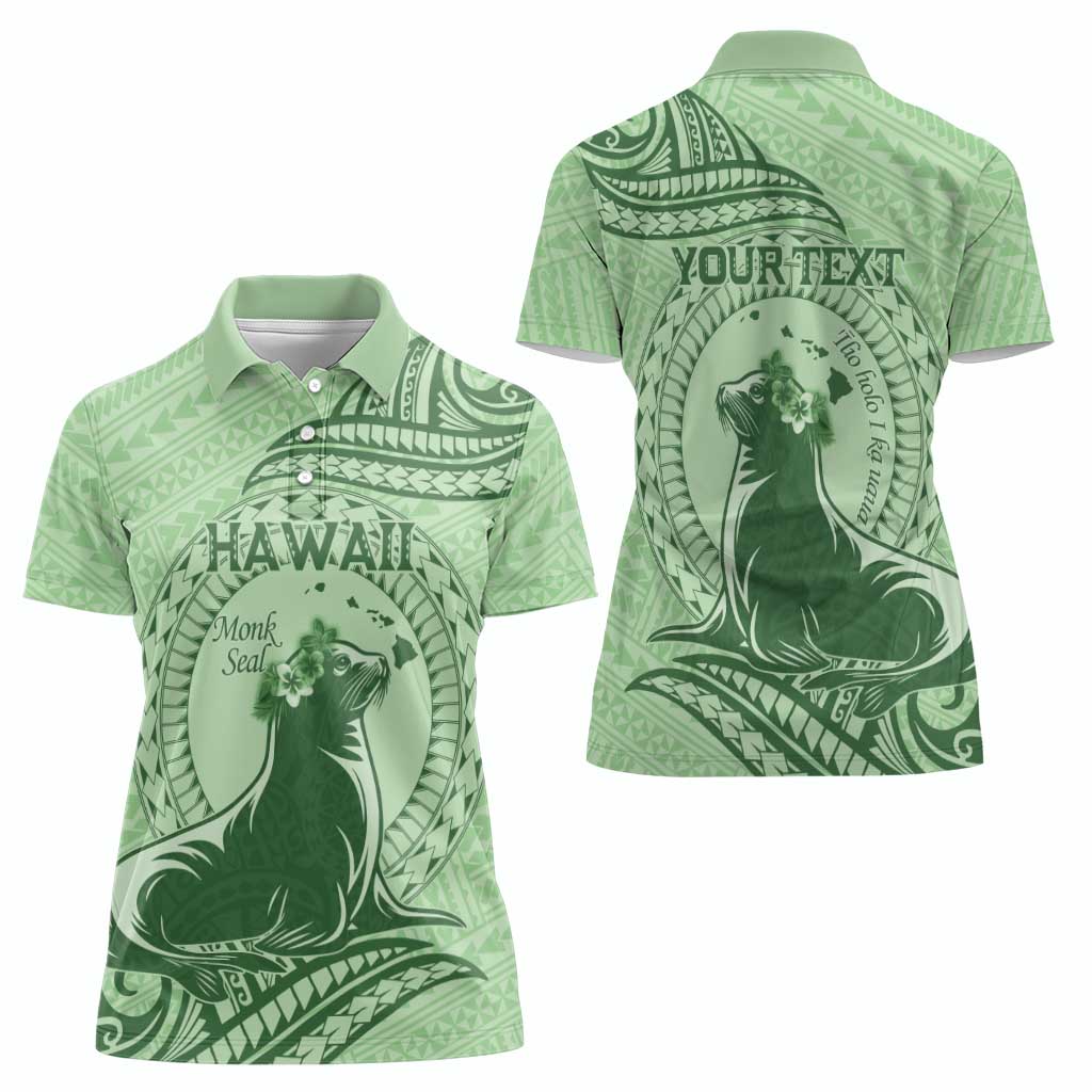 Personalised Hawaii Monk Seal Women Polo Shirt Polynesian Tattoo With Tropical Flowers - Green Pastel