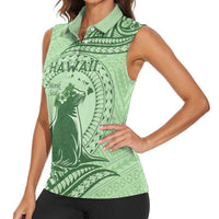 Personalised Hawaii Monk Seal Women Sleeveless Polo Shirt Polynesian Tattoo With Tropical Flowers - Green Pastel