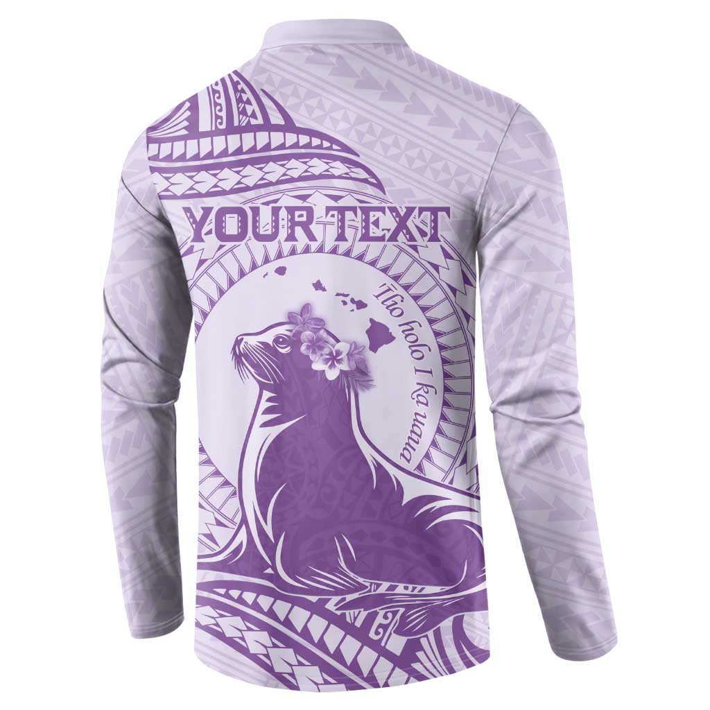 Personalised Hawaii Monk Seal Button Sweatshirt Polynesian Tattoo With Tropical Flowers - Purple Pastel