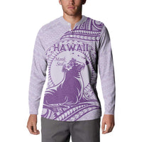Personalised Hawaii Monk Seal Button Sweatshirt Polynesian Tattoo With Tropical Flowers - Purple Pastel