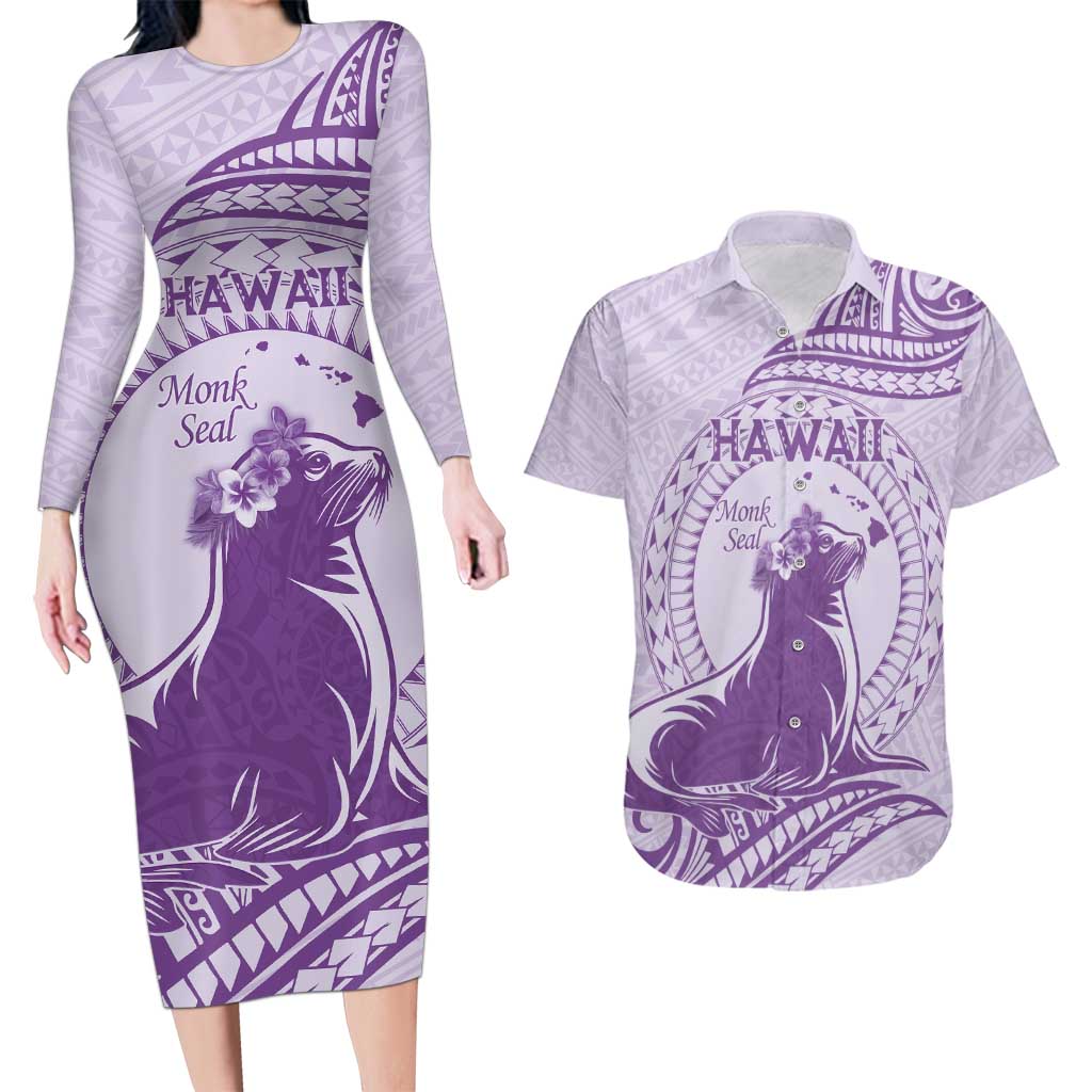 Personalised Hawaii Monk Seal Couples Matching Long Sleeve Bodycon Dress and Hawaiian Shirt Polynesian Tattoo With Tropical Flowers - Purple Pastel LT14 Purple - Polynesian Pride