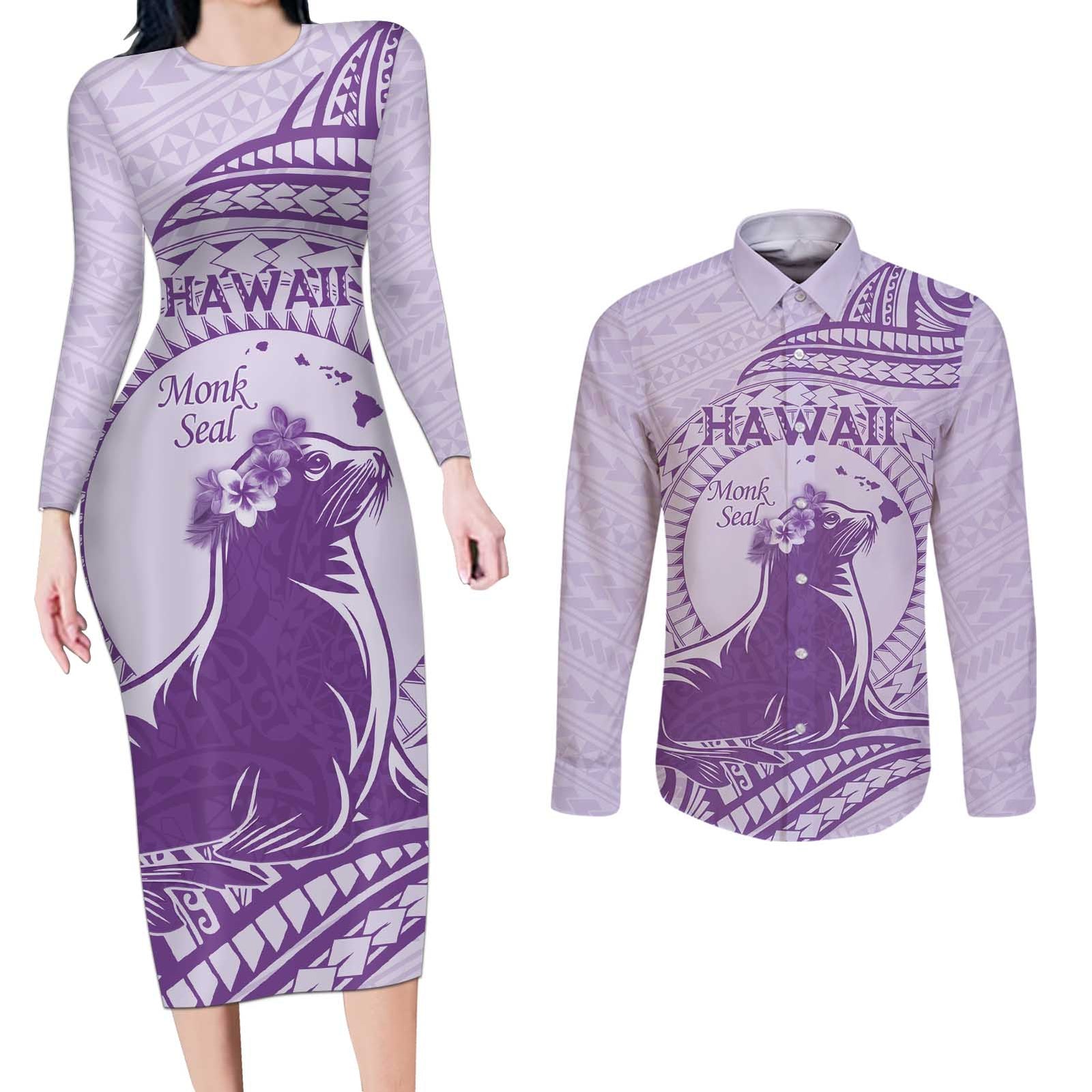Personalised Hawaii Monk Seal Couples Matching Long Sleeve Bodycon Dress and Long Sleeve Button Shirt Polynesian Tattoo With Tropical Flowers - Purple Pastel LT14 Purple - Polynesian Pride