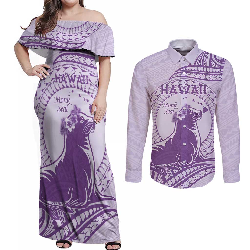 Personalised Hawaii Monk Seal Couples Matching Off Shoulder Maxi Dress and Long Sleeve Button Shirt Polynesian Tattoo With Tropical Flowers - Purple Pastel LT14 Purple - Polynesian Pride