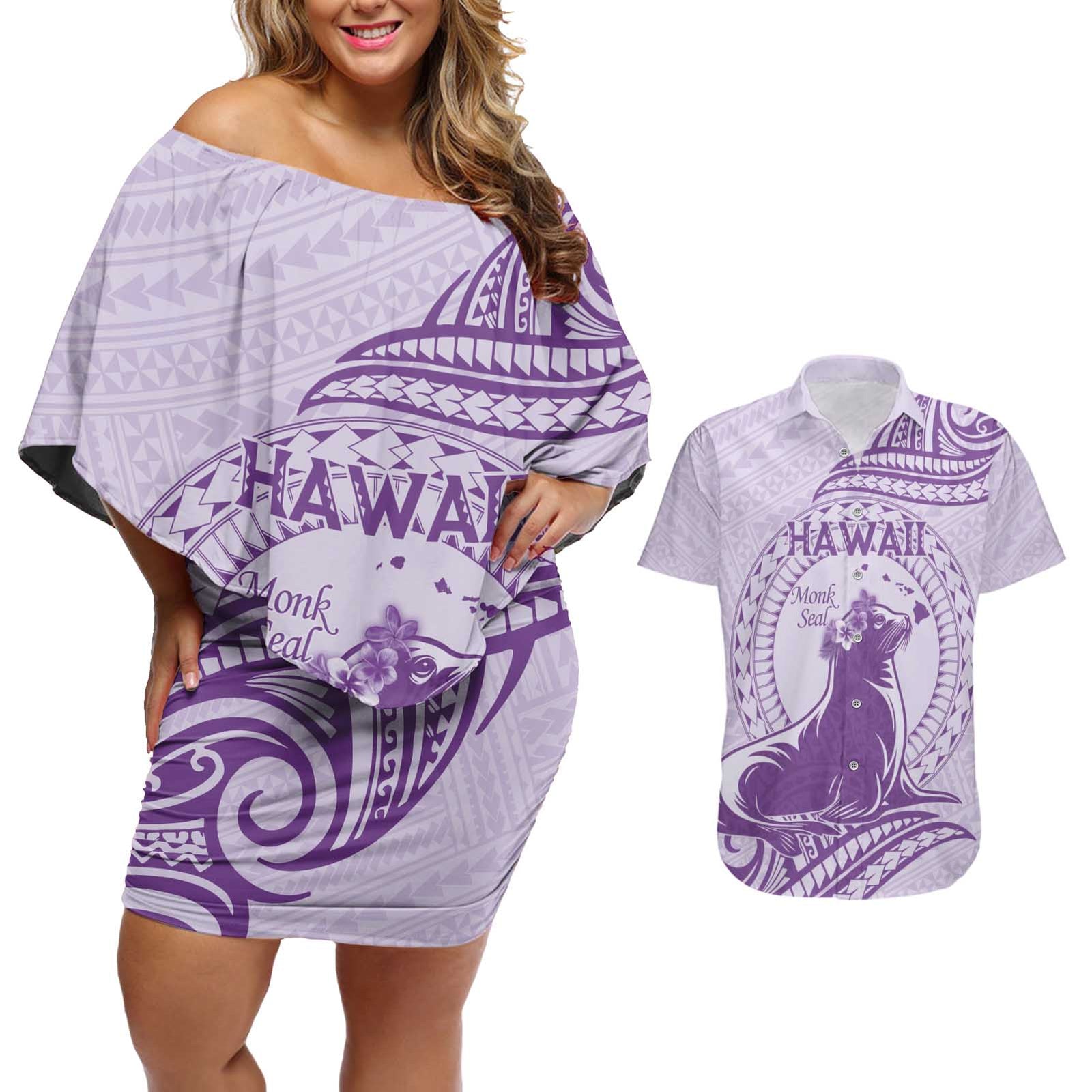 Personalised Hawaii Monk Seal Couples Matching Off Shoulder Short Dress and Hawaiian Shirt Polynesian Tattoo With Tropical Flowers - Purple Pastel LT14 Purple - Polynesian Pride