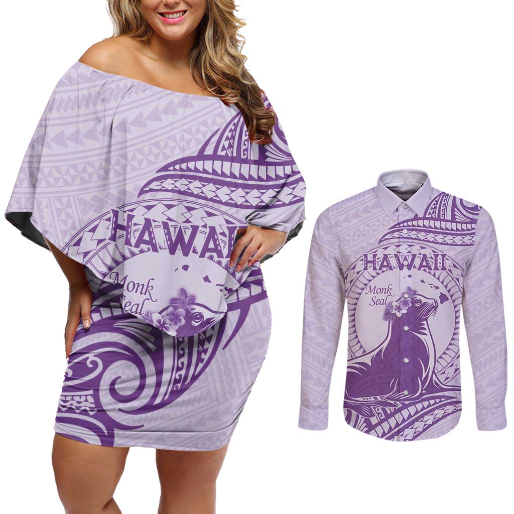 Personalised Hawaii Monk Seal Couples Matching Off Shoulder Short Dress and Long Sleeve Button Shirt Polynesian Tattoo With Tropical Flowers - Purple Pastel LT14 Purple - Polynesian Pride
