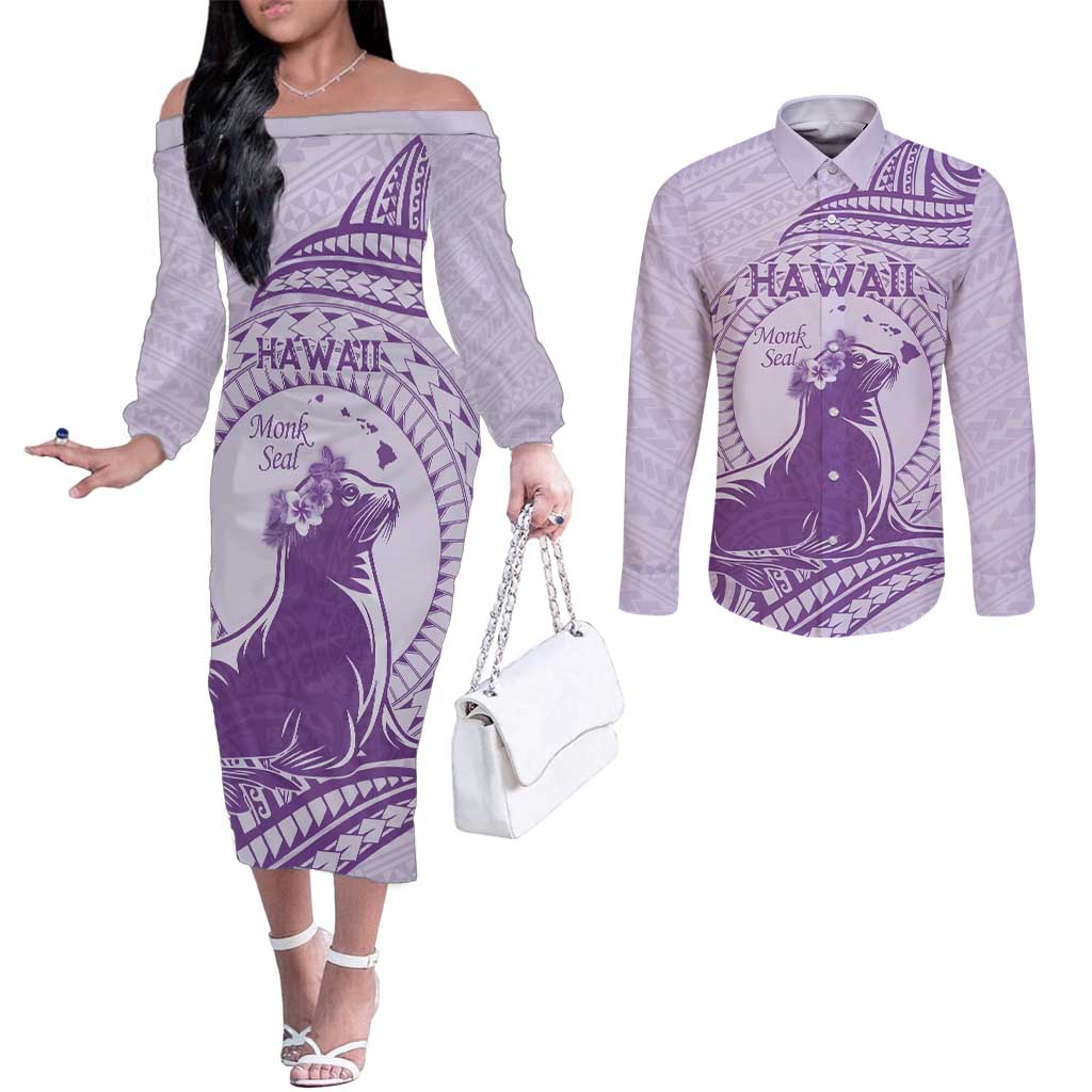Personalised Hawaii Monk Seal Couples Matching Off The Shoulder Long Sleeve Dress and Long Sleeve Button Shirt Polynesian Tattoo With Tropical Flowers - Purple Pastel LT14 Purple - Polynesian Pride