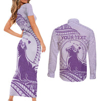 Personalised Hawaii Monk Seal Couples Matching Short Sleeve Bodycon Dress and Long Sleeve Button Shirt Polynesian Tattoo With Tropical Flowers - Purple Pastel