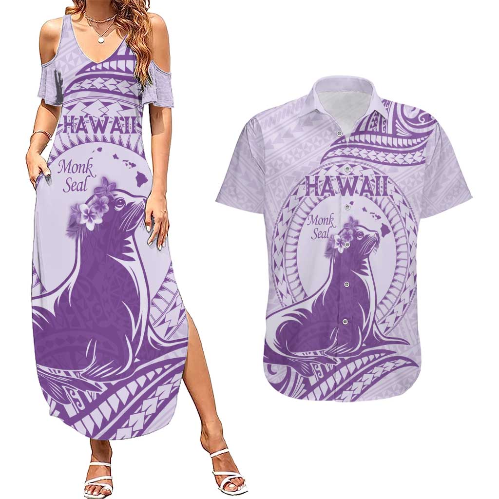 Personalised Hawaii Monk Seal Couples Matching Summer Maxi Dress and Hawaiian Shirt Polynesian Tattoo With Tropical Flowers - Purple Pastel LT14 Purple - Polynesian Pride