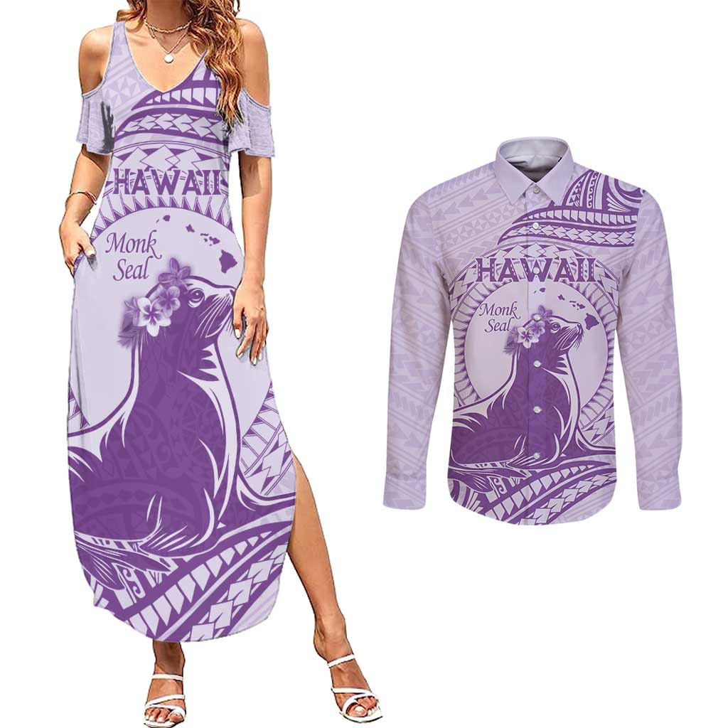 Personalised Hawaii Monk Seal Couples Matching Summer Maxi Dress and Long Sleeve Button Shirt Polynesian Tattoo With Tropical Flowers - Purple Pastel LT14 Purple - Polynesian Pride