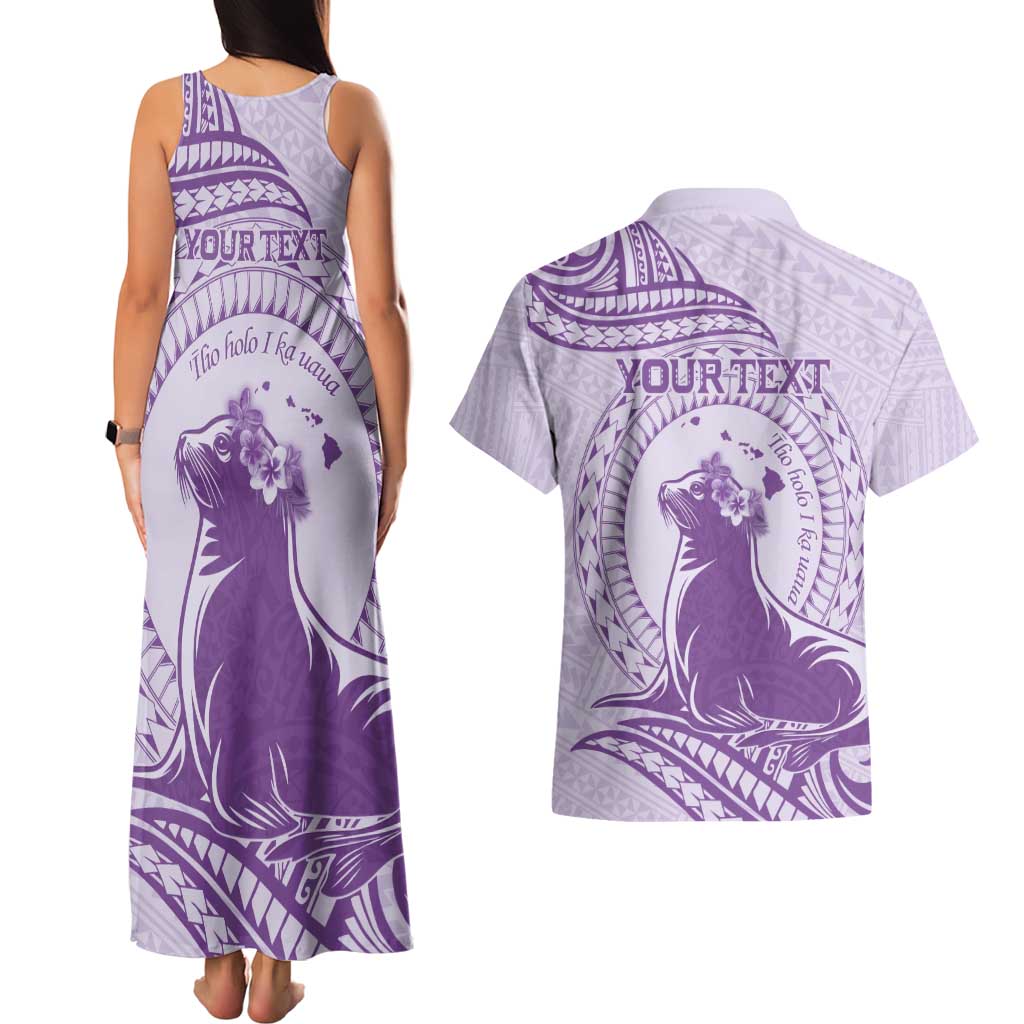 Personalised Hawaii Monk Seal Couples Matching Tank Maxi Dress and Hawaiian Shirt Polynesian Tattoo With Tropical Flowers - Purple Pastel