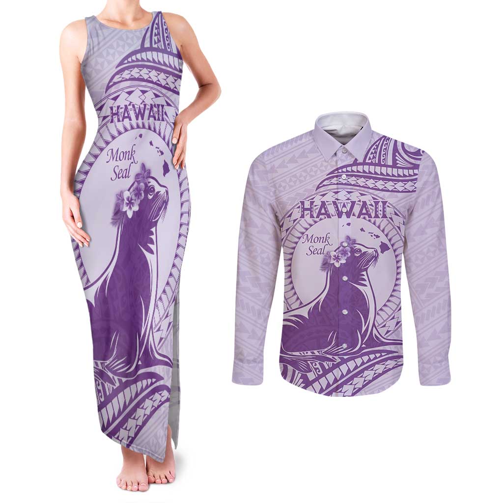 Personalised Hawaii Monk Seal Couples Matching Tank Maxi Dress and Long Sleeve Button Shirt Polynesian Tattoo With Tropical Flowers - Purple Pastel LT14 Purple - Polynesian Pride
