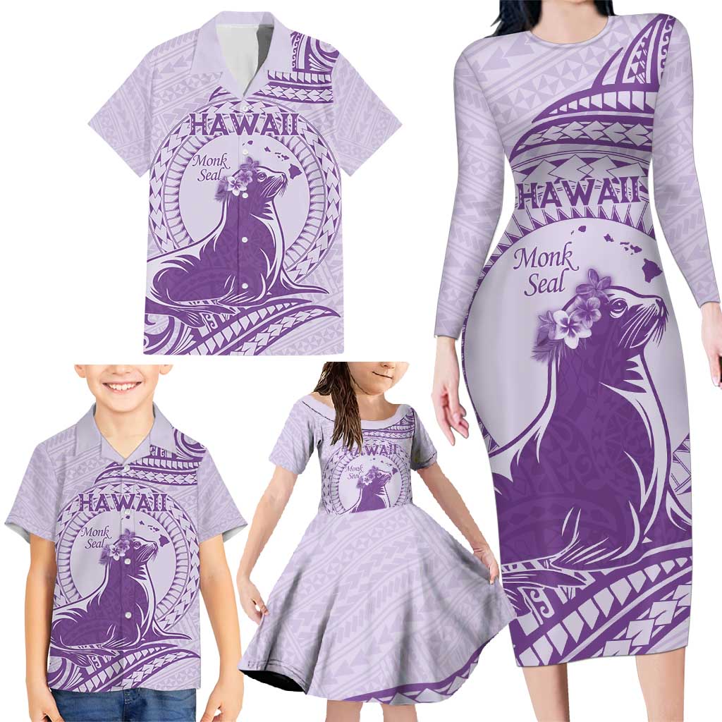 Personalised Hawaii Monk Seal Family Matching Long Sleeve Bodycon Dress and Hawaiian Shirt Polynesian Tattoo With Tropical Flowers - Purple Pastel LT14 - Polynesian Pride