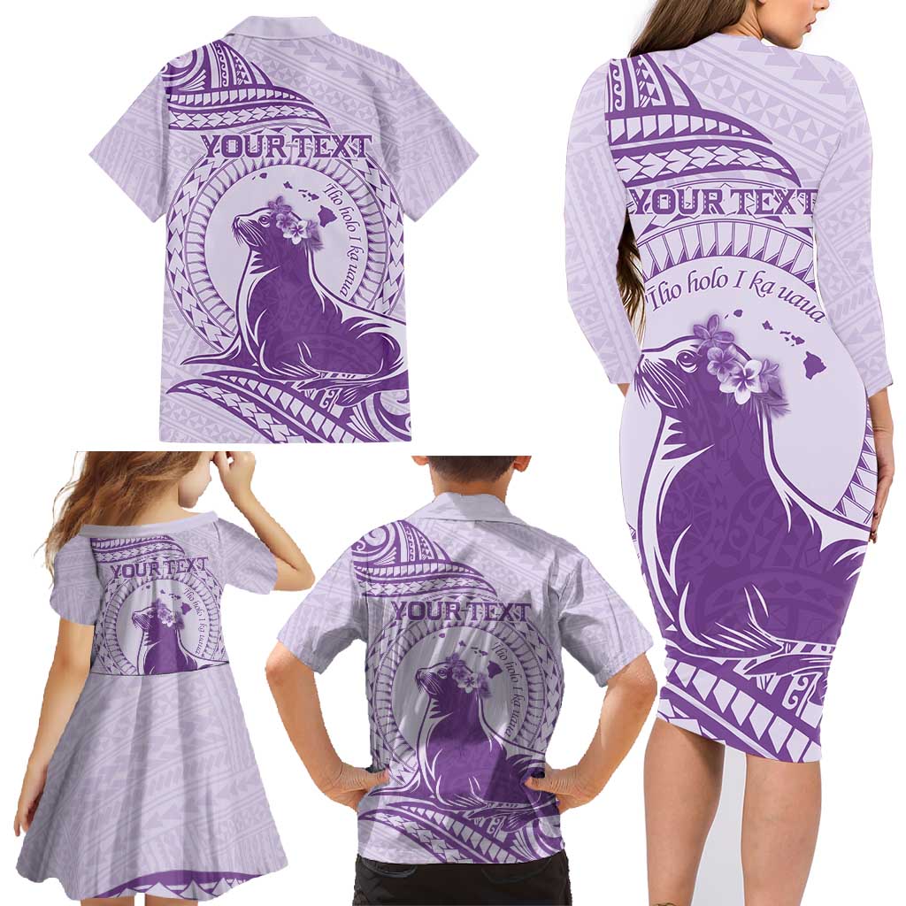 Personalised Hawaii Monk Seal Family Matching Long Sleeve Bodycon Dress and Hawaiian Shirt Polynesian Tattoo With Tropical Flowers - Purple Pastel LT14 - Polynesian Pride