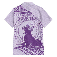 Personalised Hawaii Monk Seal Family Matching Long Sleeve Bodycon Dress and Hawaiian Shirt Polynesian Tattoo With Tropical Flowers - Purple Pastel LT14 - Polynesian Pride