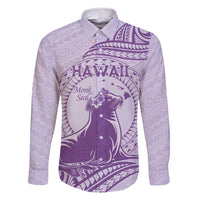 Personalised Hawaii Monk Seal Family Matching Long Sleeve Bodycon Dress and Hawaiian Shirt Polynesian Tattoo With Tropical Flowers - Purple Pastel LT14 Dad's Shirt - Long Sleeve Purple - Polynesian Pride