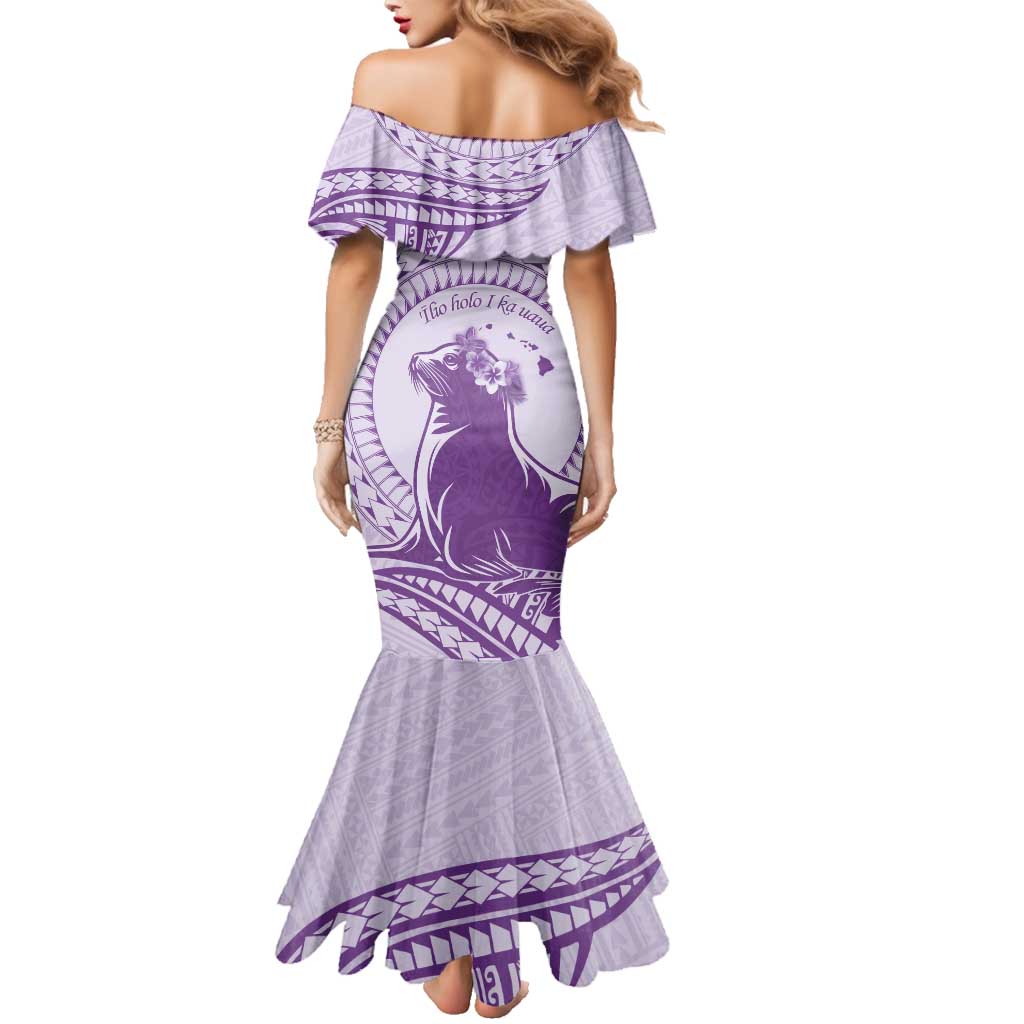 Personalised Hawaii Monk Seal Family Matching Mermaid Dress and Hawaiian Shirt Polynesian Tattoo With Tropical Flowers - Purple Pastel LT14 - Polynesian Pride