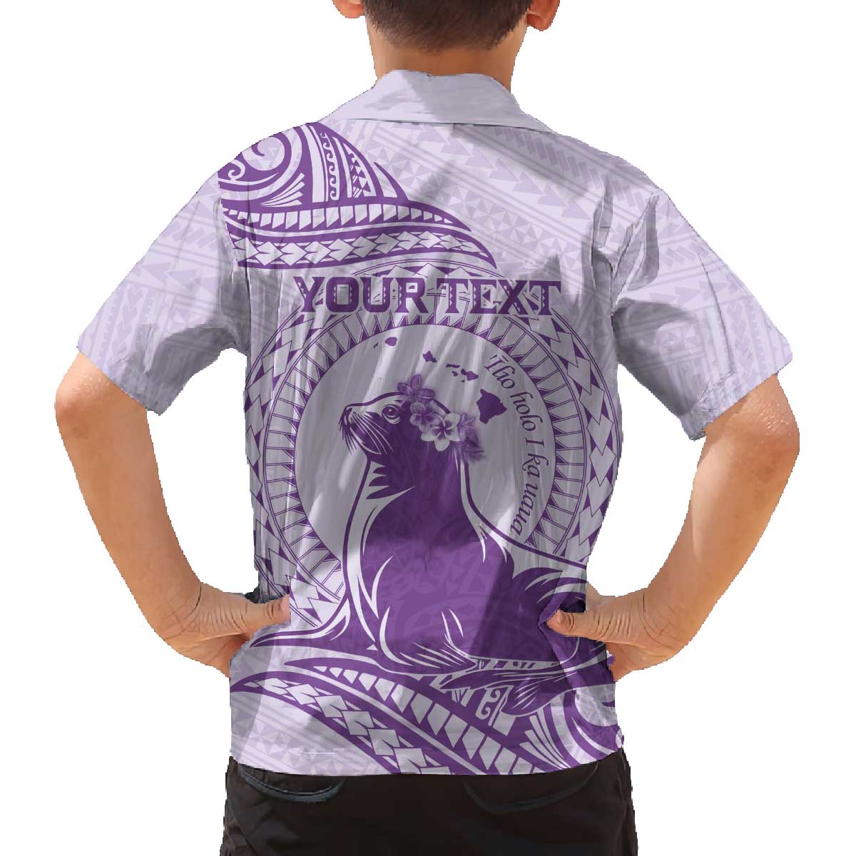 Personalised Hawaii Monk Seal Family Matching Off The Shoulder Long Sleeve Dress and Hawaiian Shirt Polynesian Tattoo With Tropical Flowers - Purple Pastel LT14 - Polynesian Pride