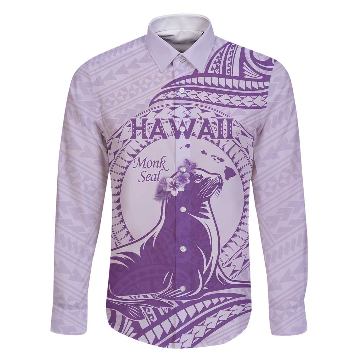 Personalised Hawaii Monk Seal Family Matching Off The Shoulder Long Sleeve Dress and Hawaiian Shirt Polynesian Tattoo With Tropical Flowers - Purple Pastel LT14 Dad's Shirt - Long Sleeve Purple - Polynesian Pride
