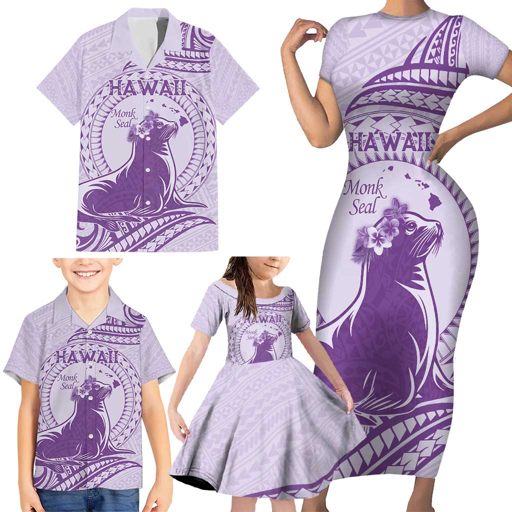 Personalised Hawaii Monk Seal Family Matching Short Sleeve Bodycon Dress and Hawaiian Shirt Polynesian Tattoo With Tropical Flowers - Purple Pastel LT14 - Polynesian Pride