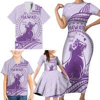 Personalised Hawaii Monk Seal Family Matching Short Sleeve Bodycon Dress and Hawaiian Shirt Polynesian Tattoo With Tropical Flowers - Purple Pastel LT14 - Polynesian Pride