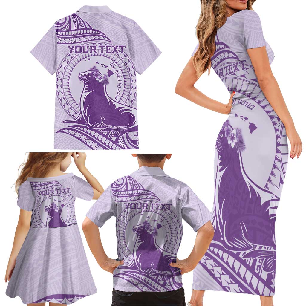 Personalised Hawaii Monk Seal Family Matching Short Sleeve Bodycon Dress and Hawaiian Shirt Polynesian Tattoo With Tropical Flowers - Purple Pastel LT14 - Polynesian Pride