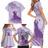 Personalised Hawaii Monk Seal Family Matching Short Sleeve Bodycon Dress and Hawaiian Shirt Polynesian Tattoo With Tropical Flowers - Purple Pastel LT14 - Polynesian Pride