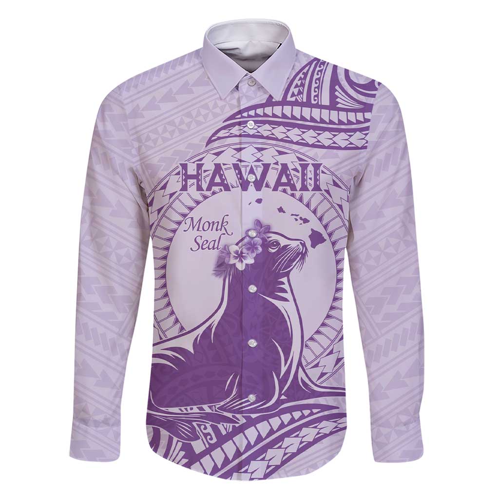 Personalised Hawaii Monk Seal Family Matching Short Sleeve Bodycon Dress and Hawaiian Shirt Polynesian Tattoo With Tropical Flowers - Purple Pastel LT14 Dad's Shirt - Long Sleeve Purple - Polynesian Pride