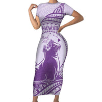 Personalised Hawaii Monk Seal Family Matching Short Sleeve Bodycon Dress and Hawaiian Shirt Polynesian Tattoo With Tropical Flowers - Purple Pastel LT14 Mom's Dress Purple - Polynesian Pride