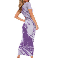 Personalised Hawaii Monk Seal Family Matching Short Sleeve Bodycon Dress and Hawaiian Shirt Polynesian Tattoo With Tropical Flowers - Purple Pastel LT14 - Polynesian Pride