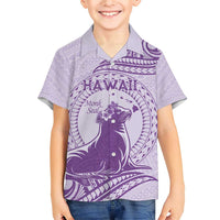 Personalised Hawaii Monk Seal Family Matching Short Sleeve Bodycon Dress and Hawaiian Shirt Polynesian Tattoo With Tropical Flowers - Purple Pastel LT14 Son's Shirt Purple - Polynesian Pride