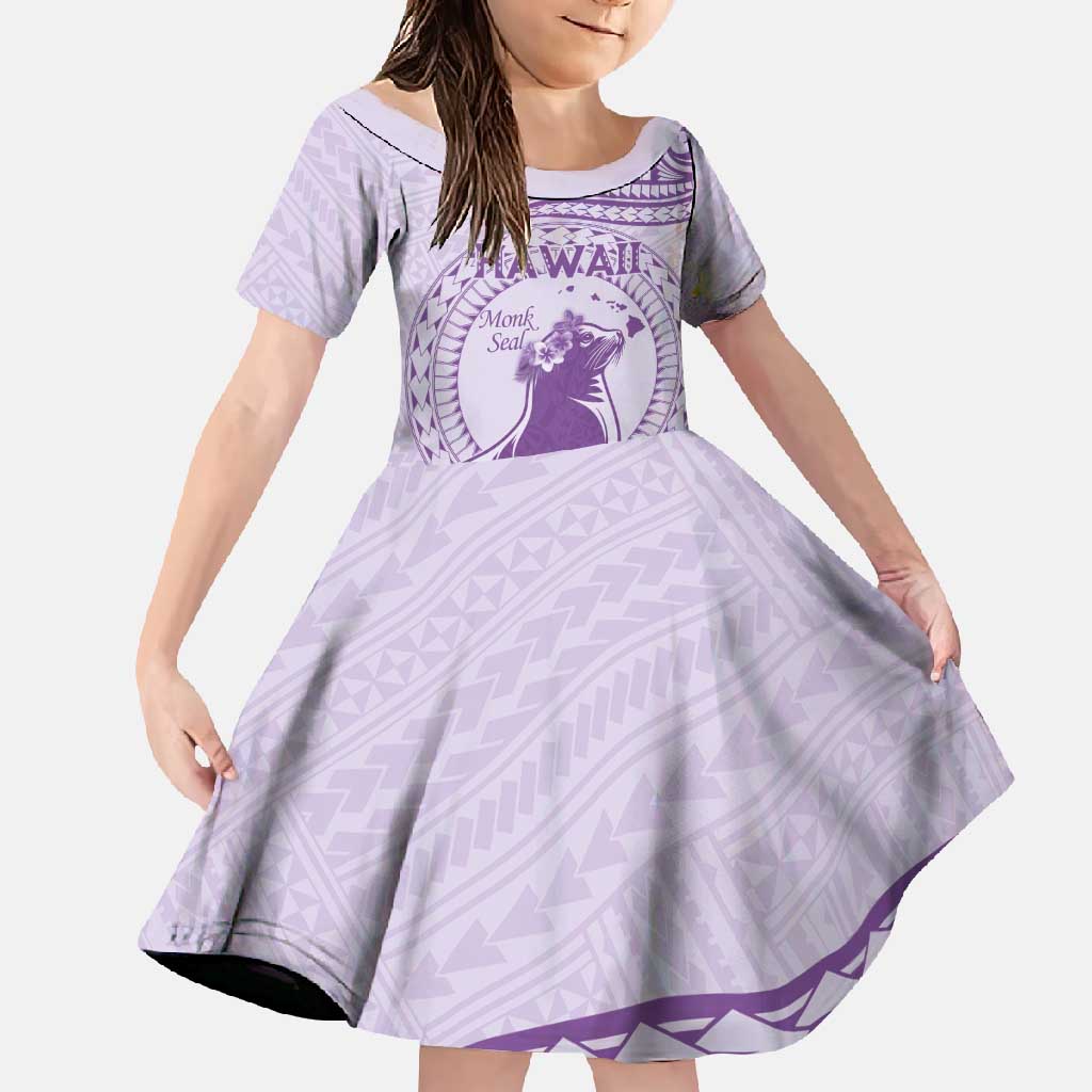 Personalised Hawaii Monk Seal Family Matching Summer Maxi Dress and Hawaiian Shirt Polynesian Tattoo With Tropical Flowers - Purple Pastel LT14 Daughter's Dress Purple - Polynesian Pride