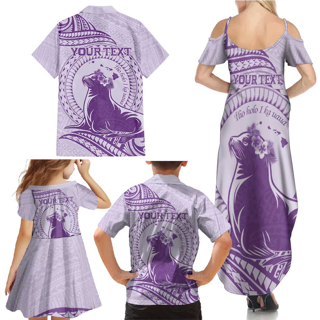 Personalised Hawaii Monk Seal Family Matching Summer Maxi Dress and Hawaiian Shirt Polynesian Tattoo With Tropical Flowers - Purple Pastel LT14 - Polynesian Pride