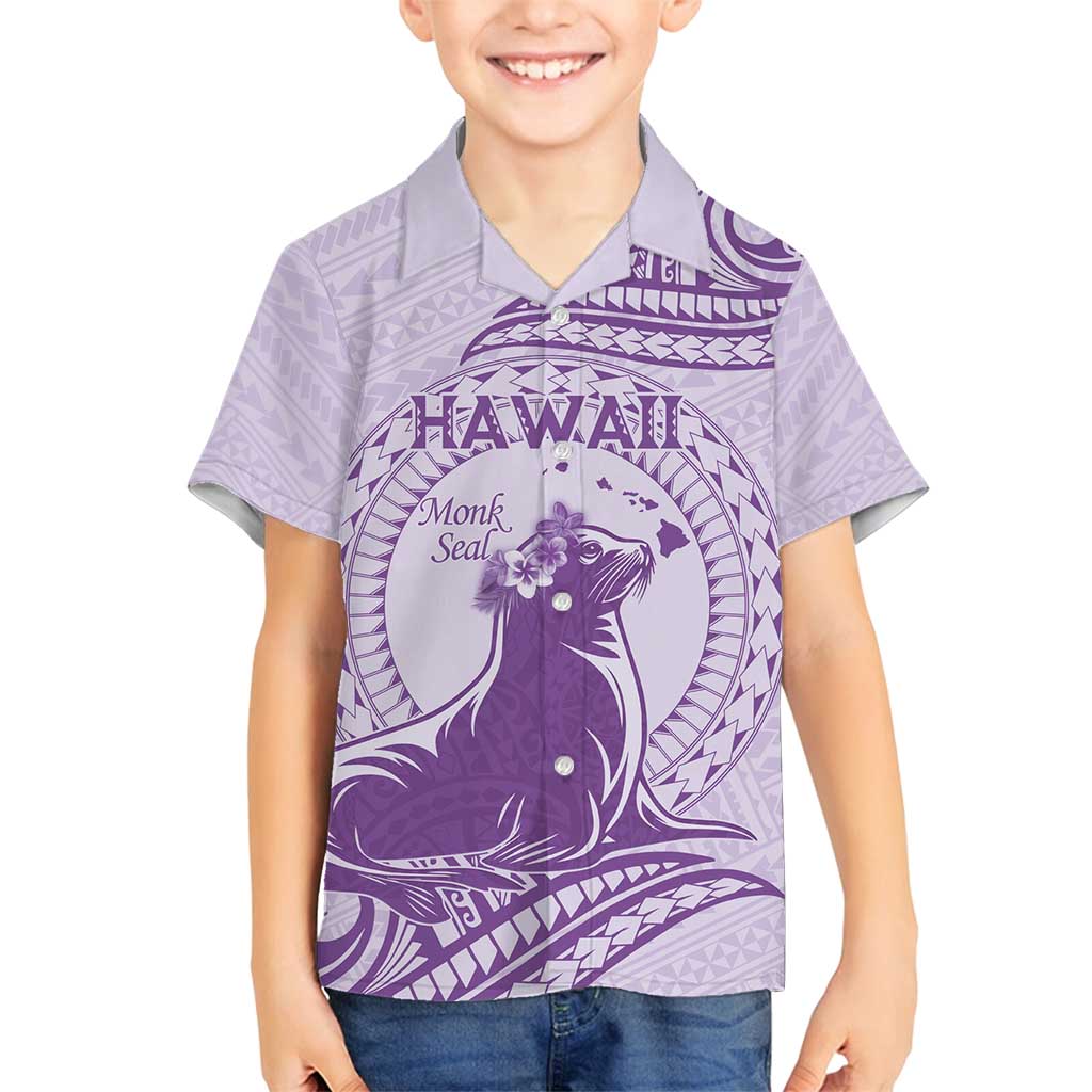 Personalised Hawaii Monk Seal Family Matching Summer Maxi Dress and Hawaiian Shirt Polynesian Tattoo With Tropical Flowers - Purple Pastel LT14 Son's Shirt Purple - Polynesian Pride