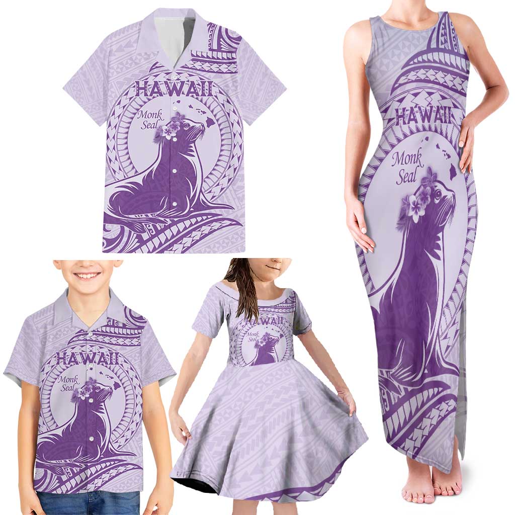 Personalised Hawaii Monk Seal Family Matching Tank Maxi Dress and Hawaiian Shirt Polynesian Tattoo With Tropical Flowers - Purple Pastel LT14 - Polynesian Pride
