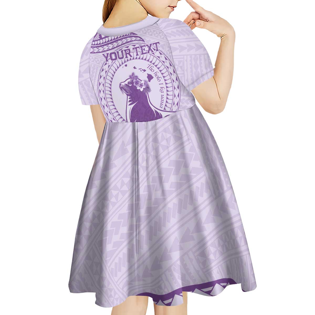 Personalised Hawaii Monk Seal Kid Short Sleeve Dress Polynesian Tattoo With Tropical Flowers - Purple Pastel