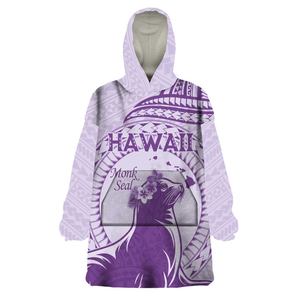 Personalised Hawaii Monk Seal Wearable Blanket Hoodie Polynesian Tattoo With Tropical Flowers - Purple Pastel LT14 One Size Purple - Polynesian Pride