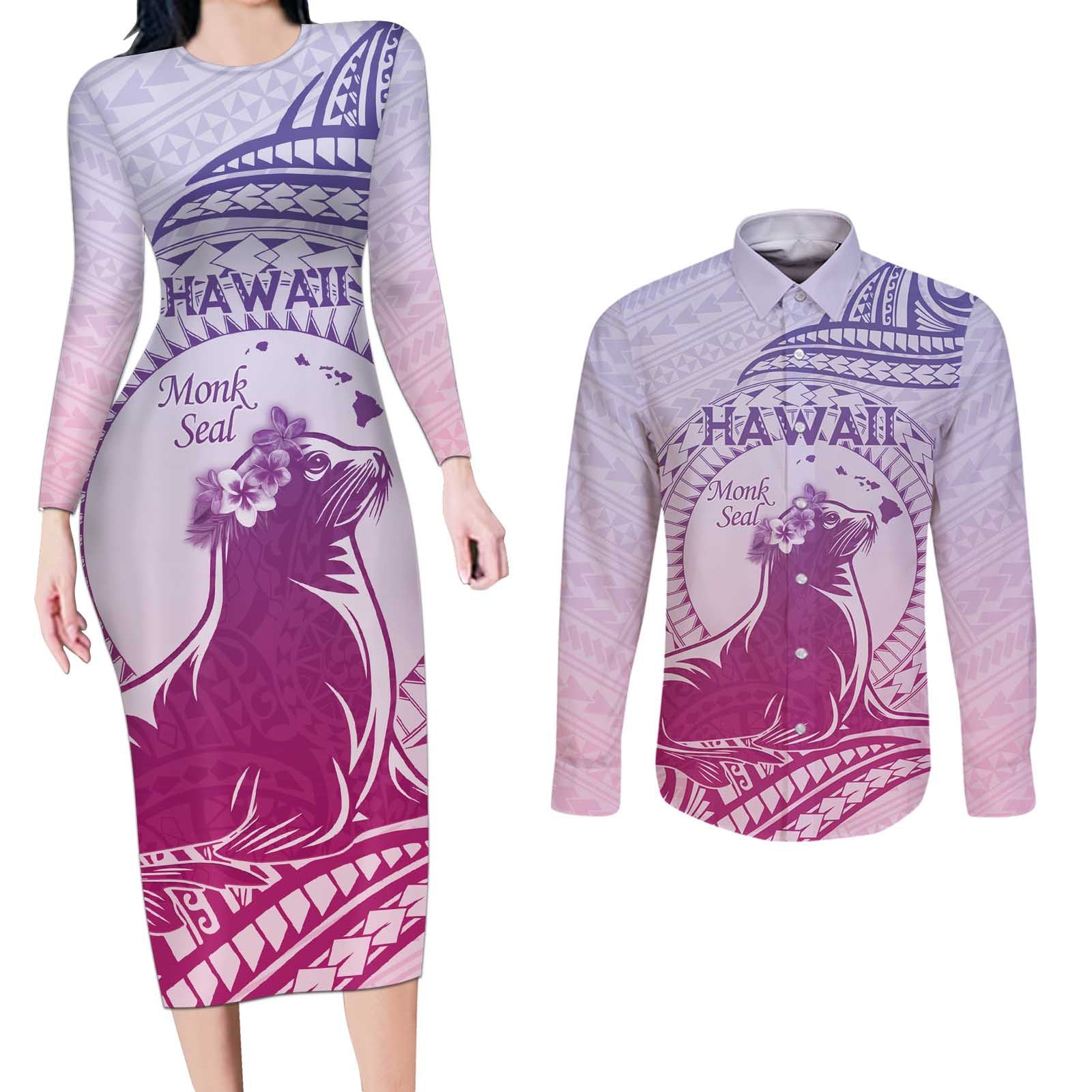 Personalised Hawaii Monk Seal Couples Matching Long Sleeve Bodycon Dress and Long Sleeve Button Shirt Polynesian Tattoo With Tropical Flowers - Purple Gradient LT14 Purple - Polynesian Pride