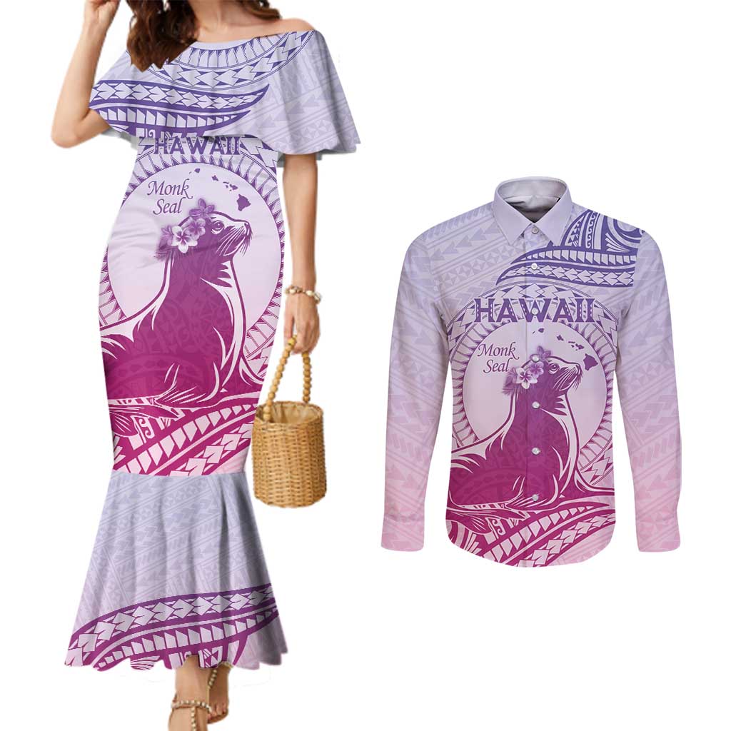 Personalised Hawaii Monk Seal Couples Matching Mermaid Dress and Long Sleeve Button Shirt Polynesian Tattoo With Tropical Flowers - Purple Gradient LT14 Purple - Polynesian Pride