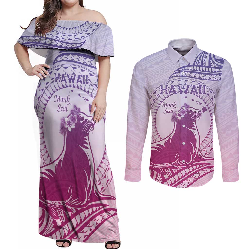 Personalised Hawaii Monk Seal Couples Matching Off Shoulder Maxi Dress and Long Sleeve Button Shirt Polynesian Tattoo With Tropical Flowers - Purple Gradient LT14 Purple - Polynesian Pride