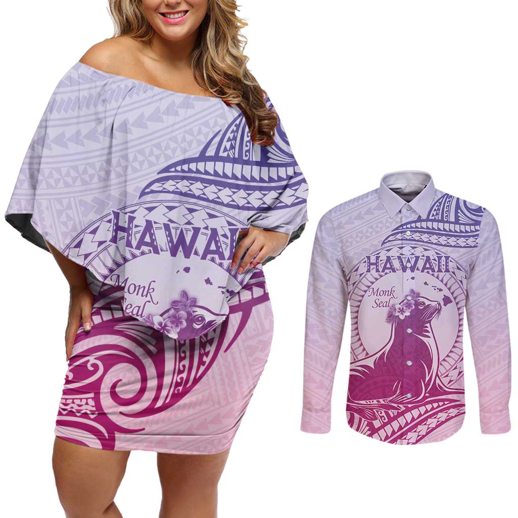 Personalised Hawaii Monk Seal Couples Matching Off Shoulder Short Dress and Long Sleeve Button Shirt Polynesian Tattoo With Tropical Flowers - Purple Gradient LT14 Purple - Polynesian Pride