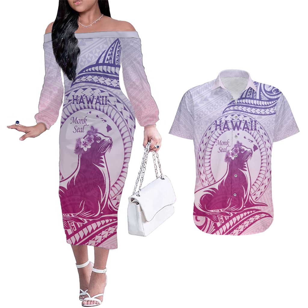 Personalised Hawaii Monk Seal Couples Matching Off The Shoulder Long Sleeve Dress and Hawaiian Shirt Polynesian Tattoo With Tropical Flowers - Purple Gradient LT14 Purple - Polynesian Pride