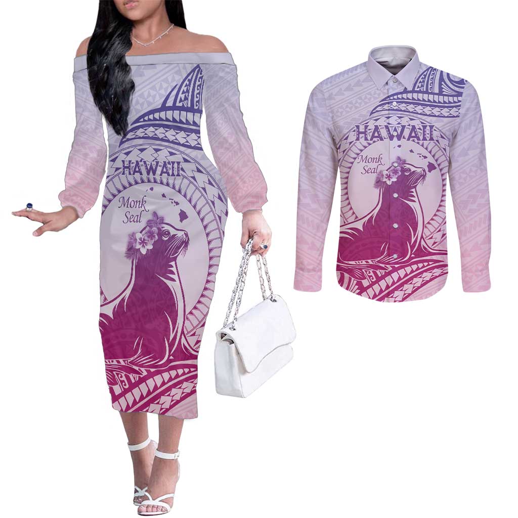 Personalised Hawaii Monk Seal Couples Matching Off The Shoulder Long Sleeve Dress and Long Sleeve Button Shirt Polynesian Tattoo With Tropical Flowers - Purple Gradient LT14 Purple - Polynesian Pride
