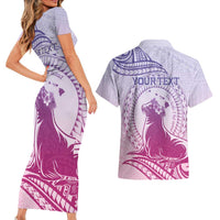 Personalised Hawaii Monk Seal Couples Matching Short Sleeve Bodycon Dress and Hawaiian Shirt Polynesian Tattoo With Tropical Flowers - Purple Gradient