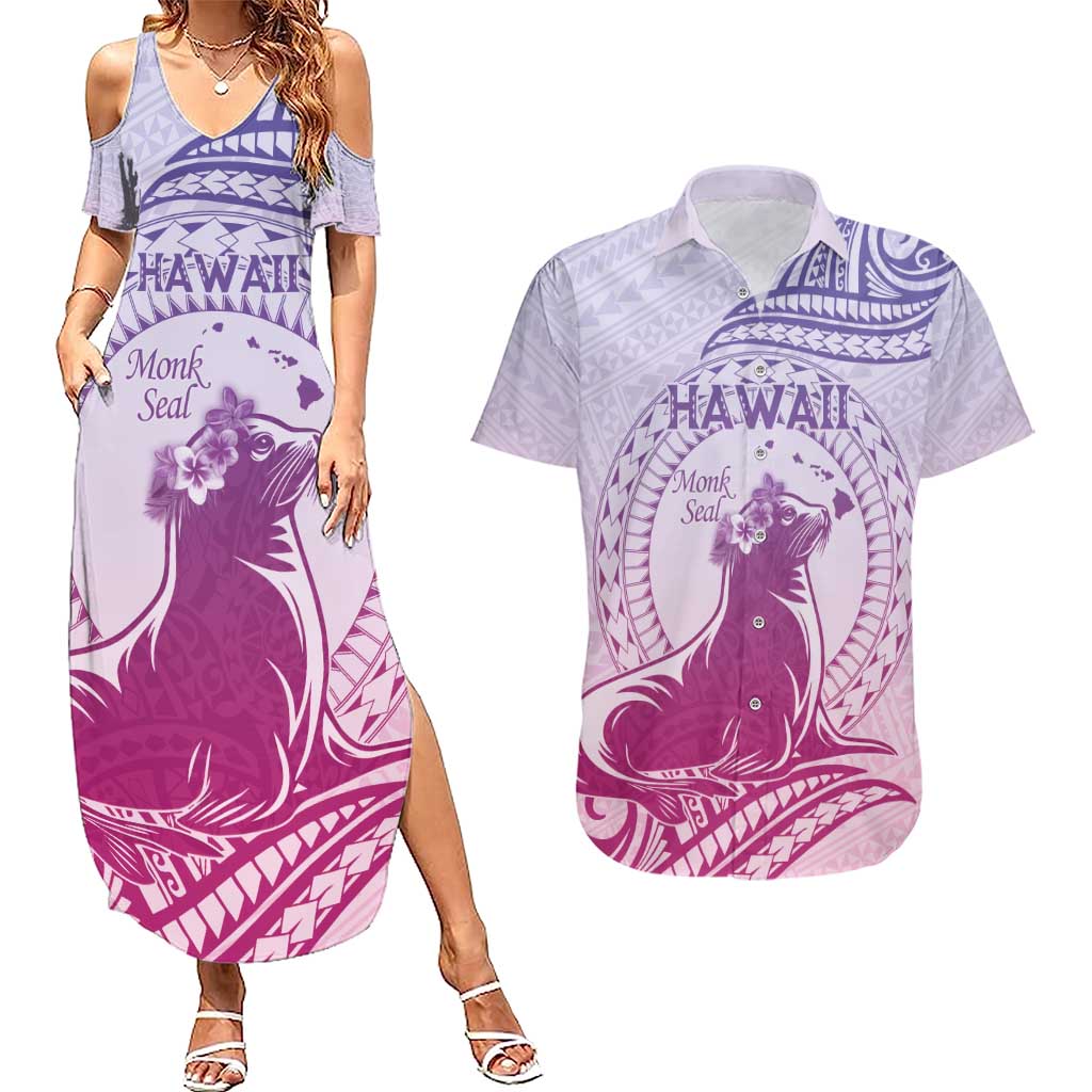 Personalised Hawaii Monk Seal Couples Matching Summer Maxi Dress and Hawaiian Shirt Polynesian Tattoo With Tropical Flowers - Purple Gradient LT14 Purple - Polynesian Pride