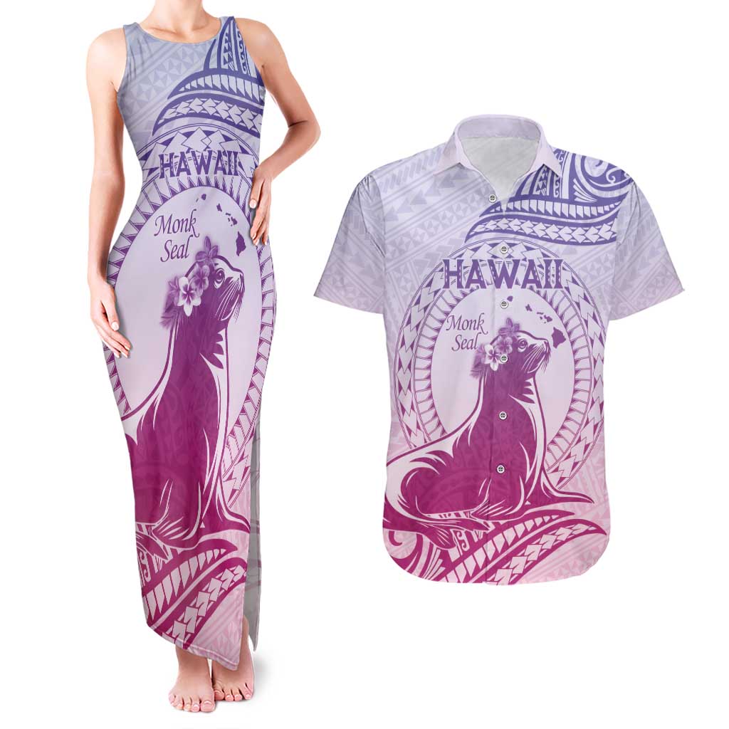 Personalised Hawaii Monk Seal Couples Matching Tank Maxi Dress and Hawaiian Shirt Polynesian Tattoo With Tropical Flowers - Purple Gradient LT14 Purple - Polynesian Pride