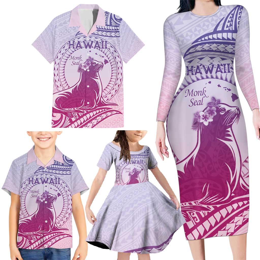 Personalised Hawaii Monk Seal Family Matching Long Sleeve Bodycon Dress and Hawaiian Shirt Polynesian Tattoo With Tropical Flowers - Purple Gradient LT14 - Polynesian Pride