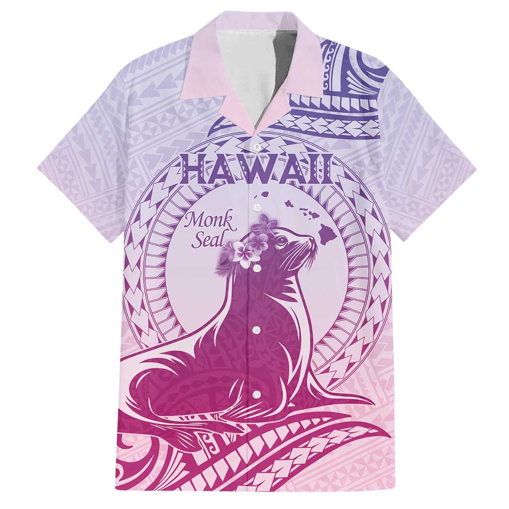Personalised Hawaii Monk Seal Family Matching Long Sleeve Bodycon Dress and Hawaiian Shirt Polynesian Tattoo With Tropical Flowers - Purple Gradient LT14 Dad's Shirt - Short Sleeve Purple - Polynesian Pride
