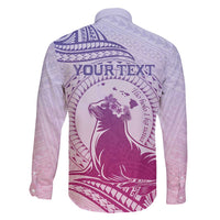 Personalised Hawaii Monk Seal Family Matching Long Sleeve Bodycon Dress and Hawaiian Shirt Polynesian Tattoo With Tropical Flowers - Purple Gradient LT14 - Polynesian Pride