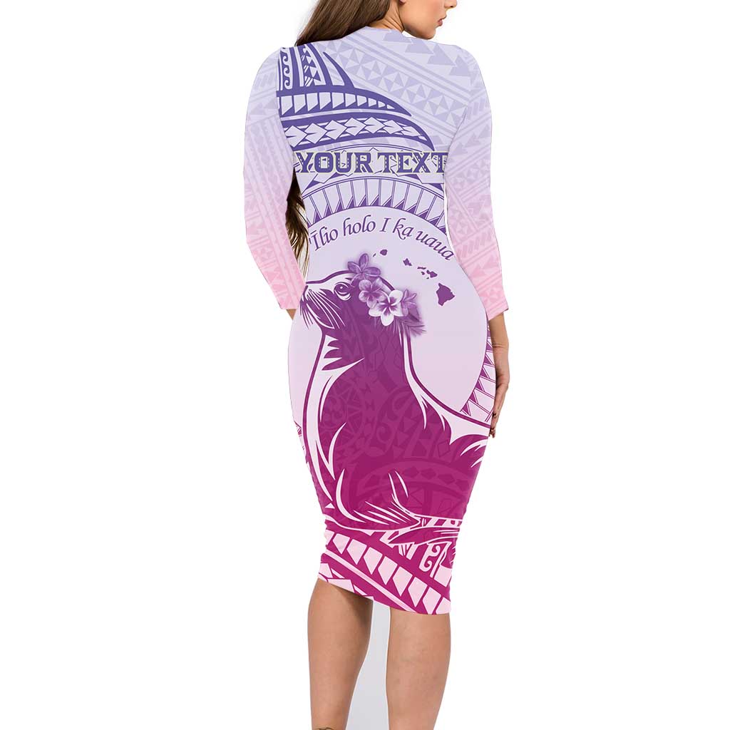 Personalised Hawaii Monk Seal Family Matching Long Sleeve Bodycon Dress and Hawaiian Shirt Polynesian Tattoo With Tropical Flowers - Purple Gradient LT14 - Polynesian Pride